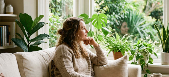 Woman relaxing on a sofa beside houseplants and bright garden windows
